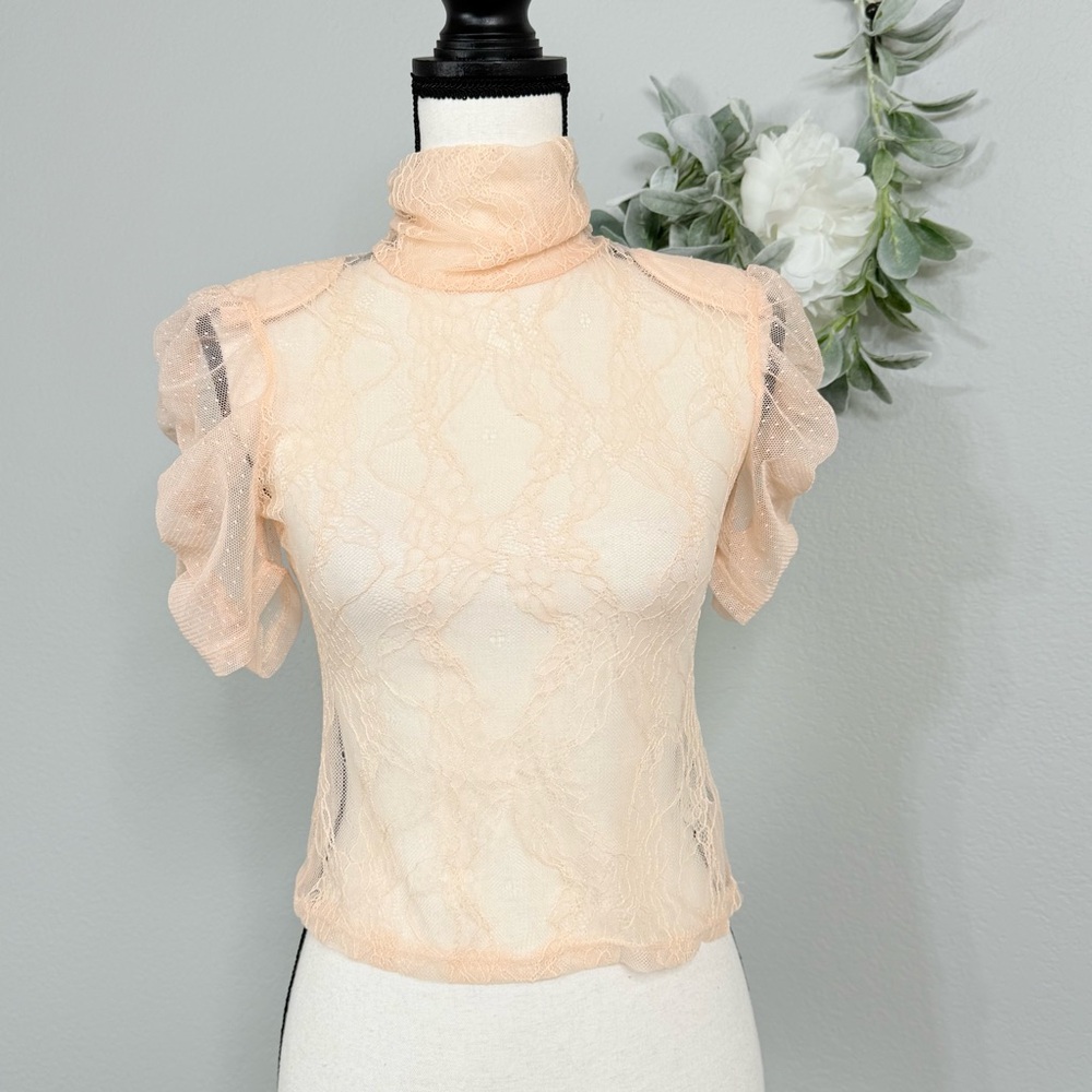 Vintage Forever 21 Sheer Lace Cottagecore High Neck Puff Sleeves Top